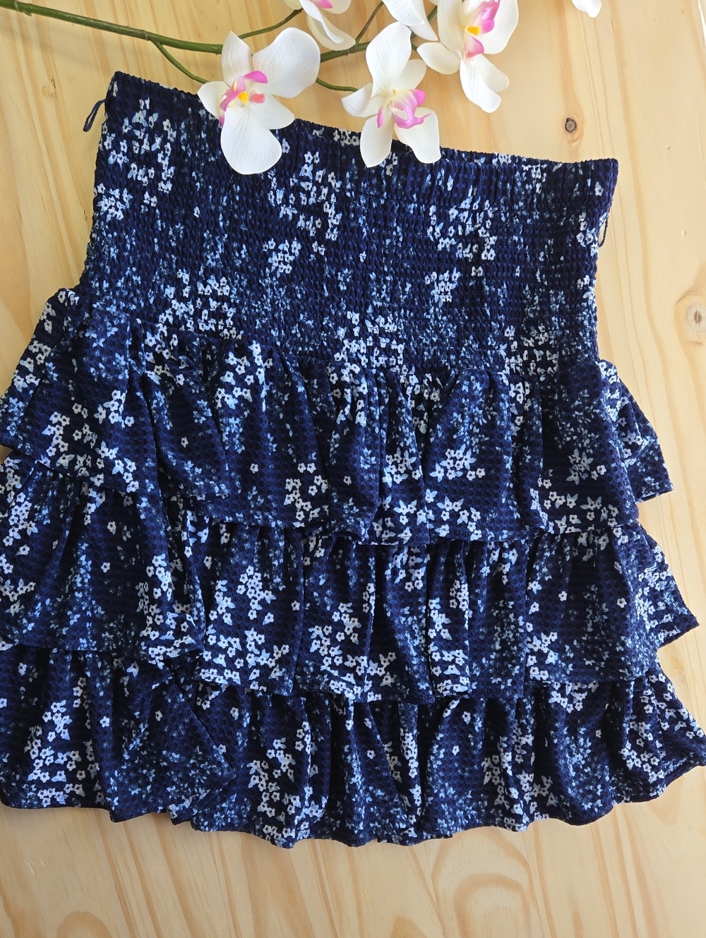 MICHAEL Michael Kors Navy and White Floral Smocked Tiered Mini Skirt